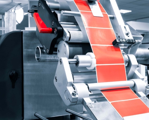 Product labels being printed on machine